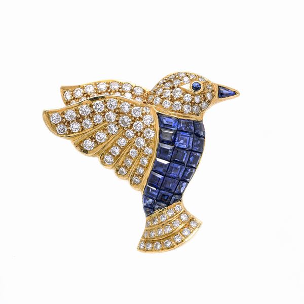 Clip colibrì in oro giallo, diamanti e zaffiri