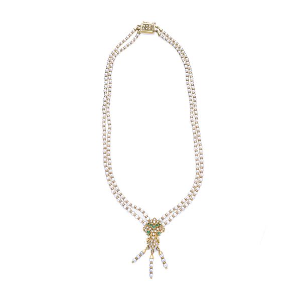 Girocollo in oro giallo, perle, diamanti e smeraldi Mario Fontana