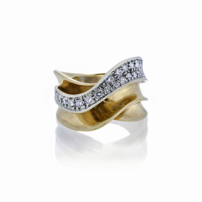 Anello a fascia in oro giallo, oro bianco e diamanti Salvini