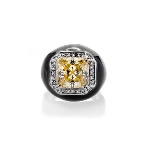Large ring in yellow gold, silver, black enamel, diamonds and Fanfani Fabio citrine quartz