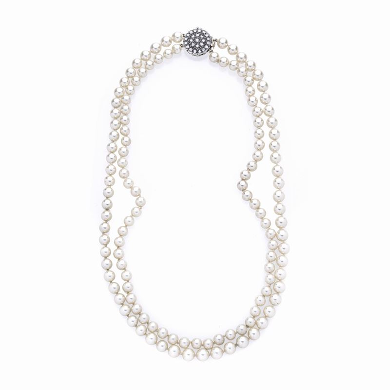 Collana in perle, oro a basso titolo, argento e diamanti