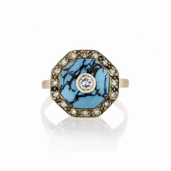 Anello in oro a basso titolo, diamanti e turchese