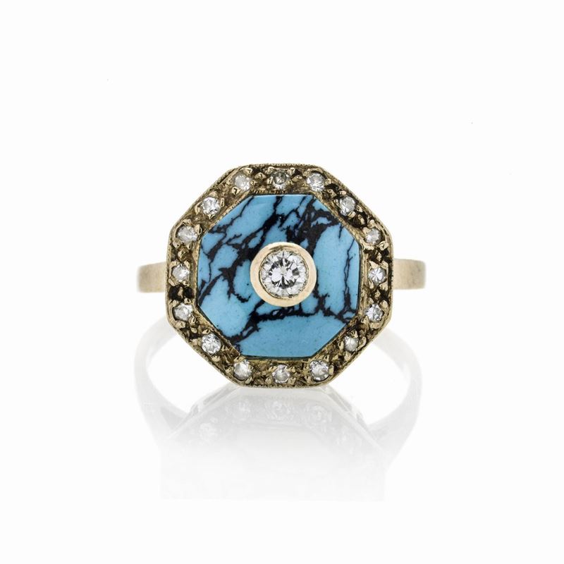 Anello in oro a basso titolo, diamanti e turchese