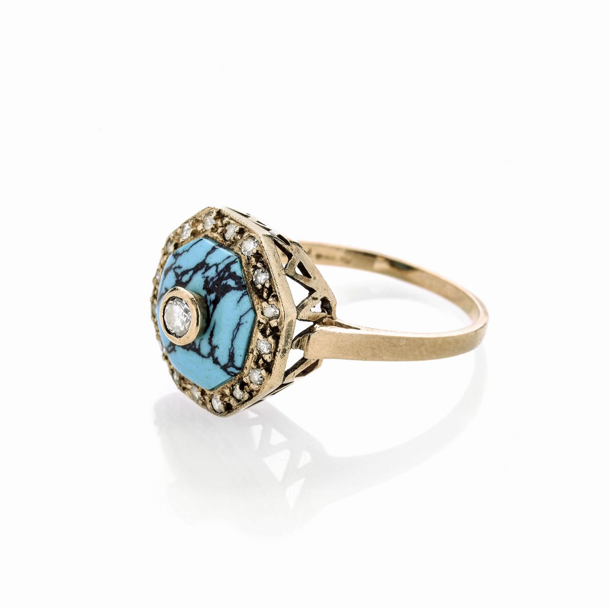 Anello in oro a basso titolo, diamanti e turchese