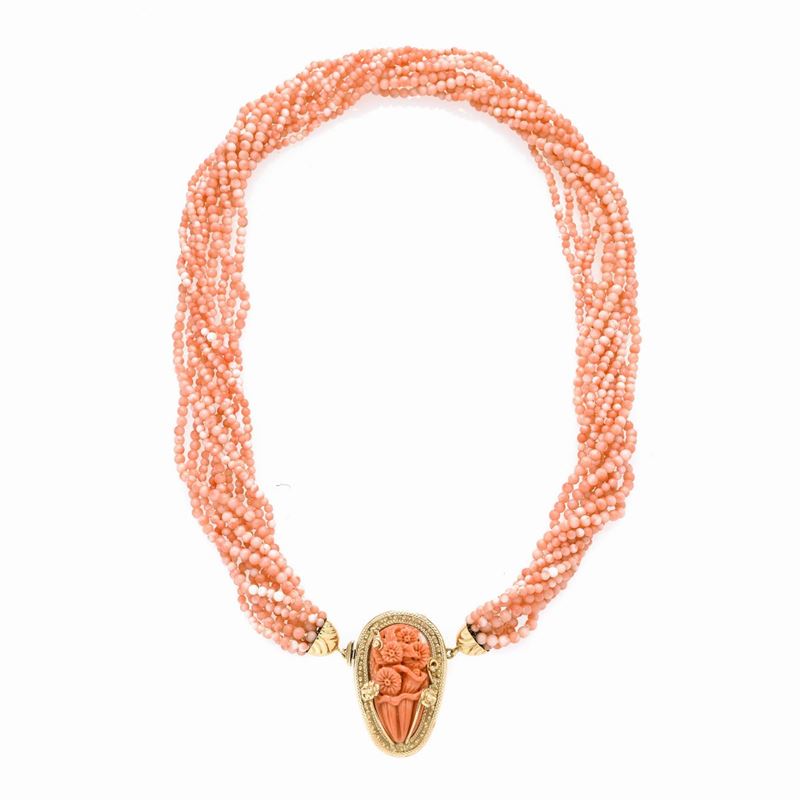 Collana millefili in corallo rosa e oro giallo