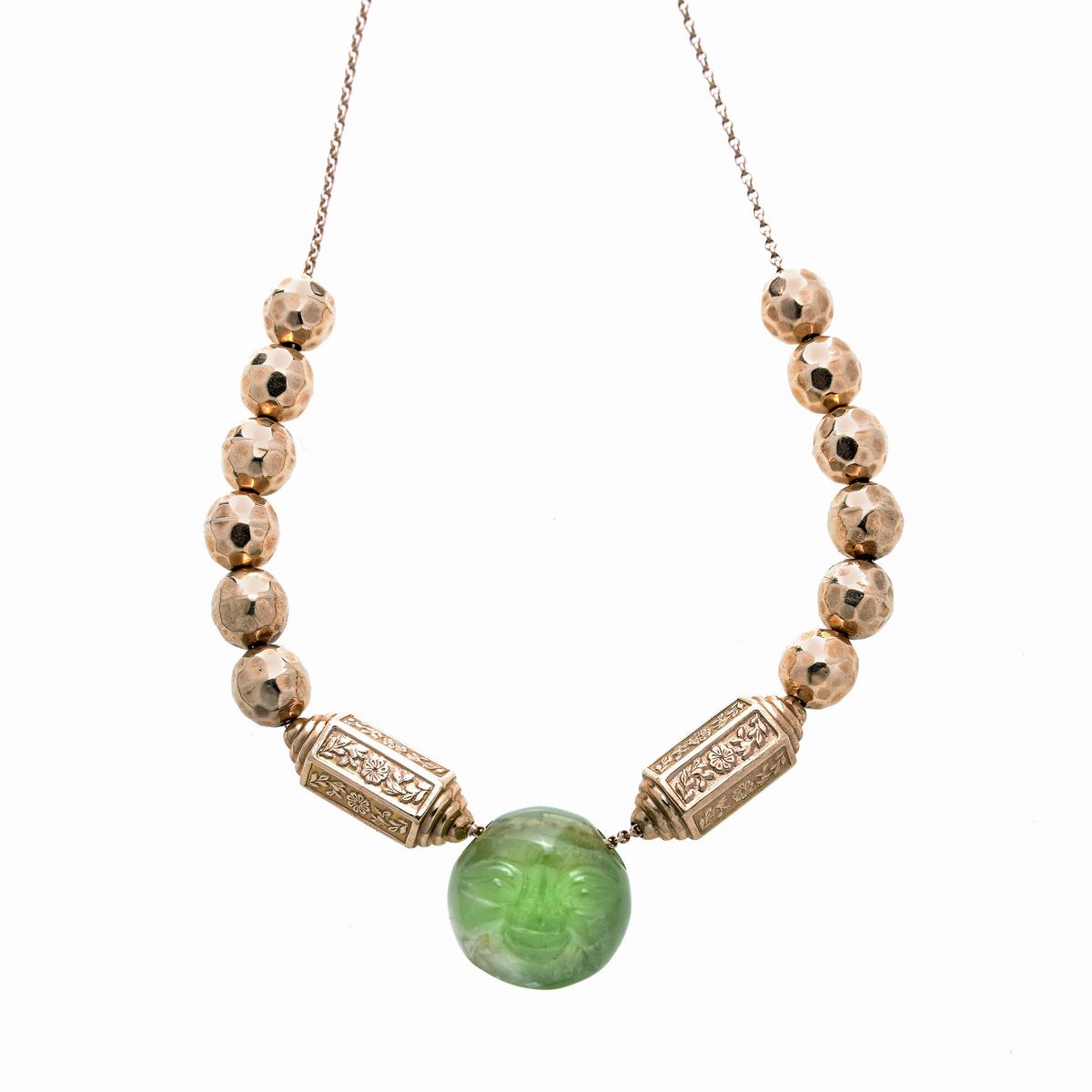 Collana in oro rosa 9kt, oro giallo e smeraldo inciso