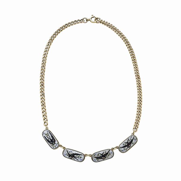 Necklace in low title gold and micromosaic with swallows