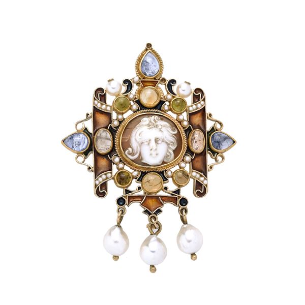 Brooch in yellow gold, shappires, smoky quartz, pearls, micro-pearls, shell cameo and colored enamel
