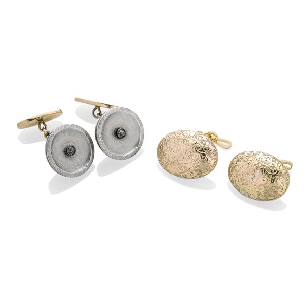Pair of cufflinks in platinum, low title gold and diamonds and another in engraved yellow gold  (Beginning of XX century)  - Auction Auction of Antique Jewelry, Modern and Watches - Curio - Casa d'aste in Firenze