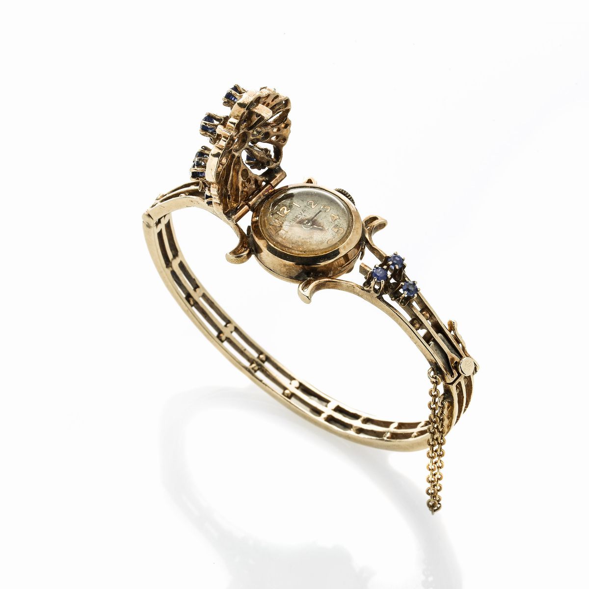 Bracciale orologio in oro a 14 kt e zaffiri
