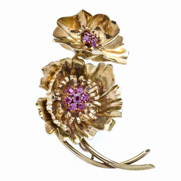 Importante spilla Anemone in oro giallo e rubini Van Cleef & Arpels