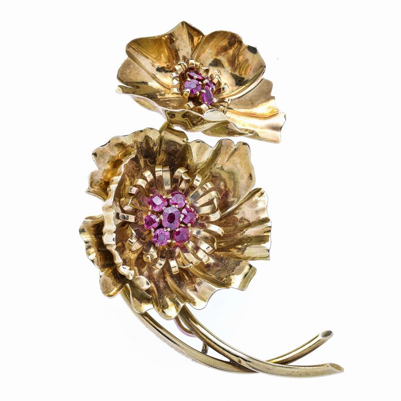 Importante spilla Anemone in oro giallo e rubini Van Cleef & Arpels