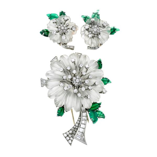 Parure in white gold, rock crystal, green stone and diamonds