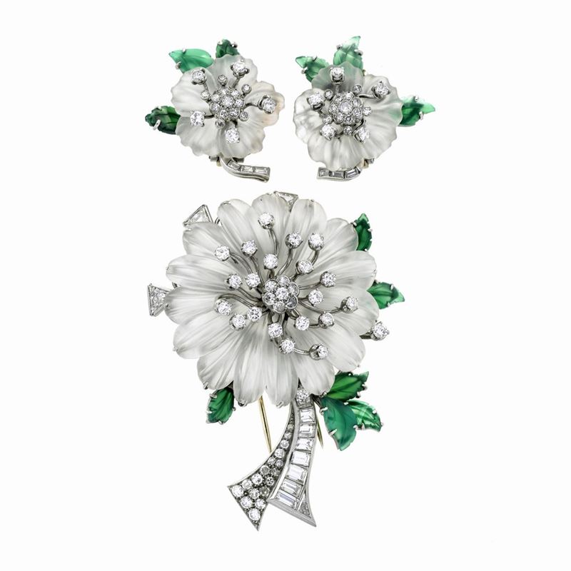 Parure in oro bianco, cristallo di rocca, pietra verde e diamanti