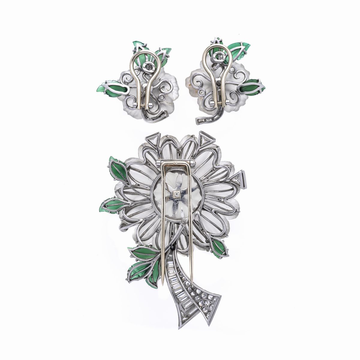 Parure in oro bianco, cristallo di rocca, pietra verde e diamanti