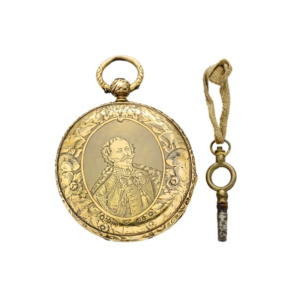 Pocket watch with double case in yellow gold