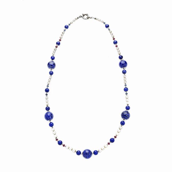 Collana in argento, perle coltivate, radice di rubini, radice di zaffiri e lapislazzulo