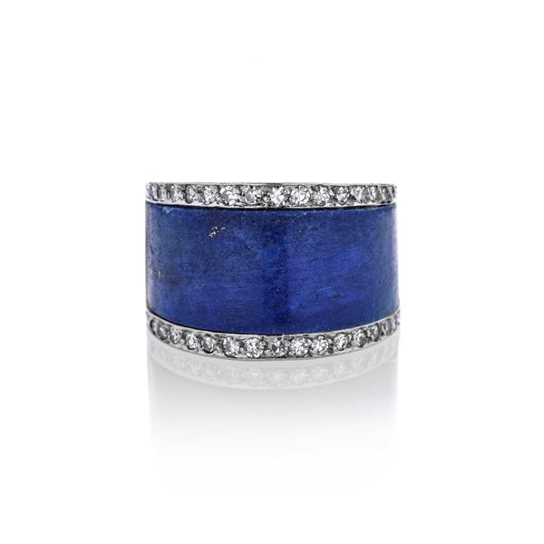 Band ring in yellow gold, white gold, diamonds and lapis lazuli