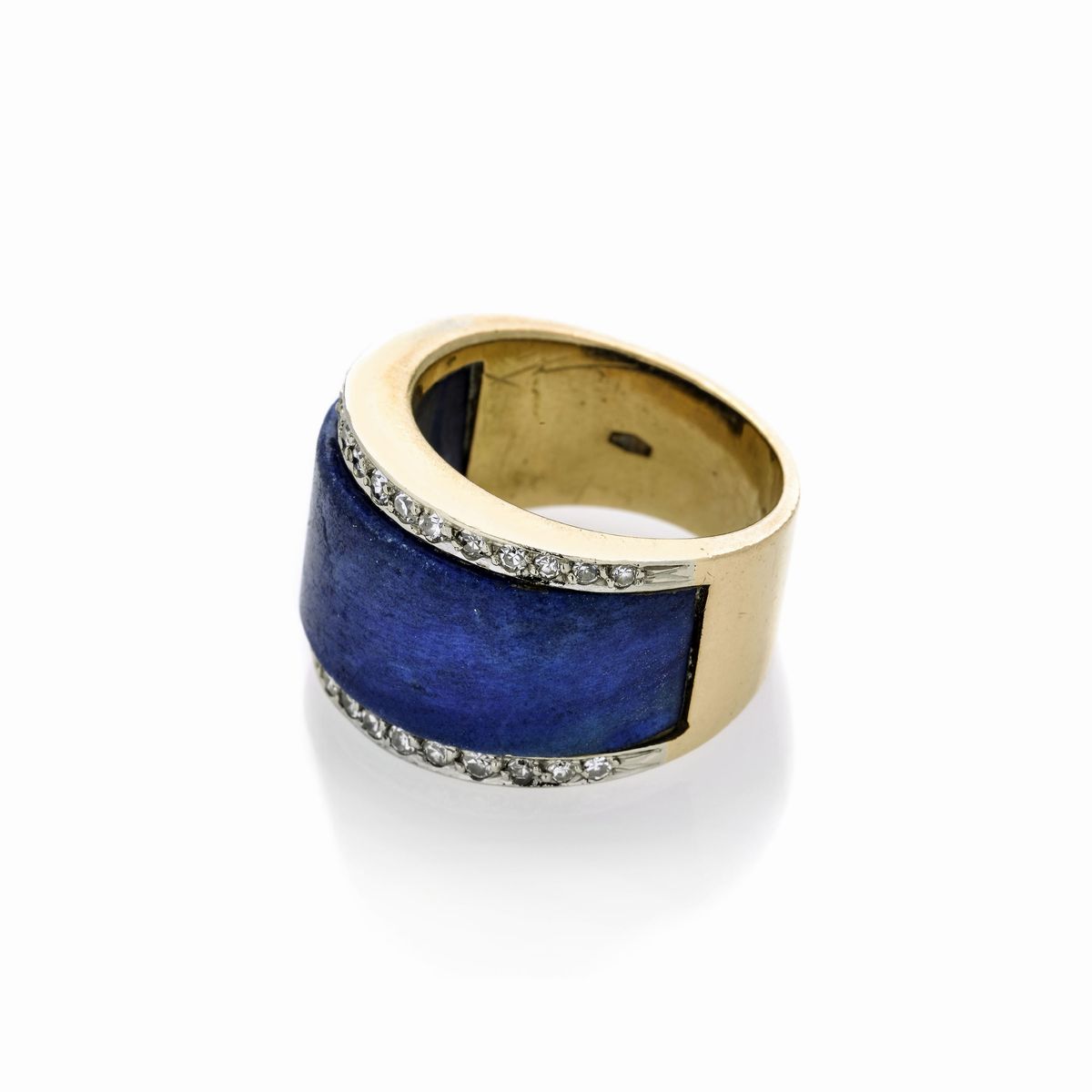 Anello a fascia in oro giallo, oro bianco, diamanti e lapislazzulo
