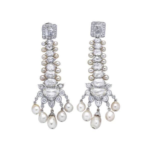 Pair of long pendant earrings in white gold, diamonds and pearls