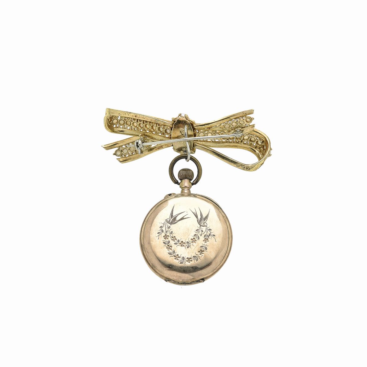 Spilla fiocco in oro giallo, smalto verde e microperle con orologio da tasca in oro 14kt