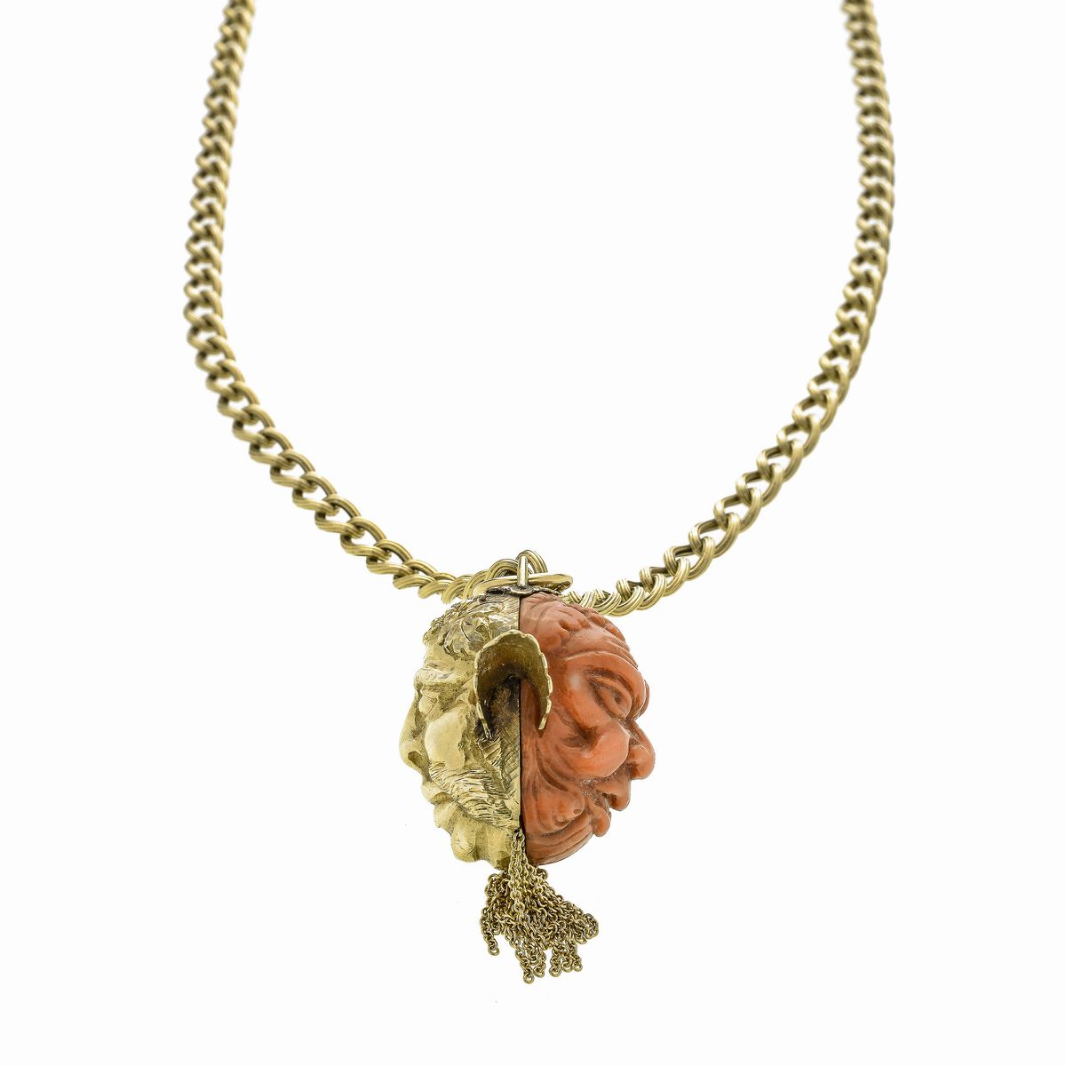 Lunga collana in oro giallo con pendente Bacco in corallo e oro giallo