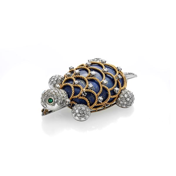 Turtle brooch in yellow gold, white gold, lapis lazuli, diamonds and emeralds