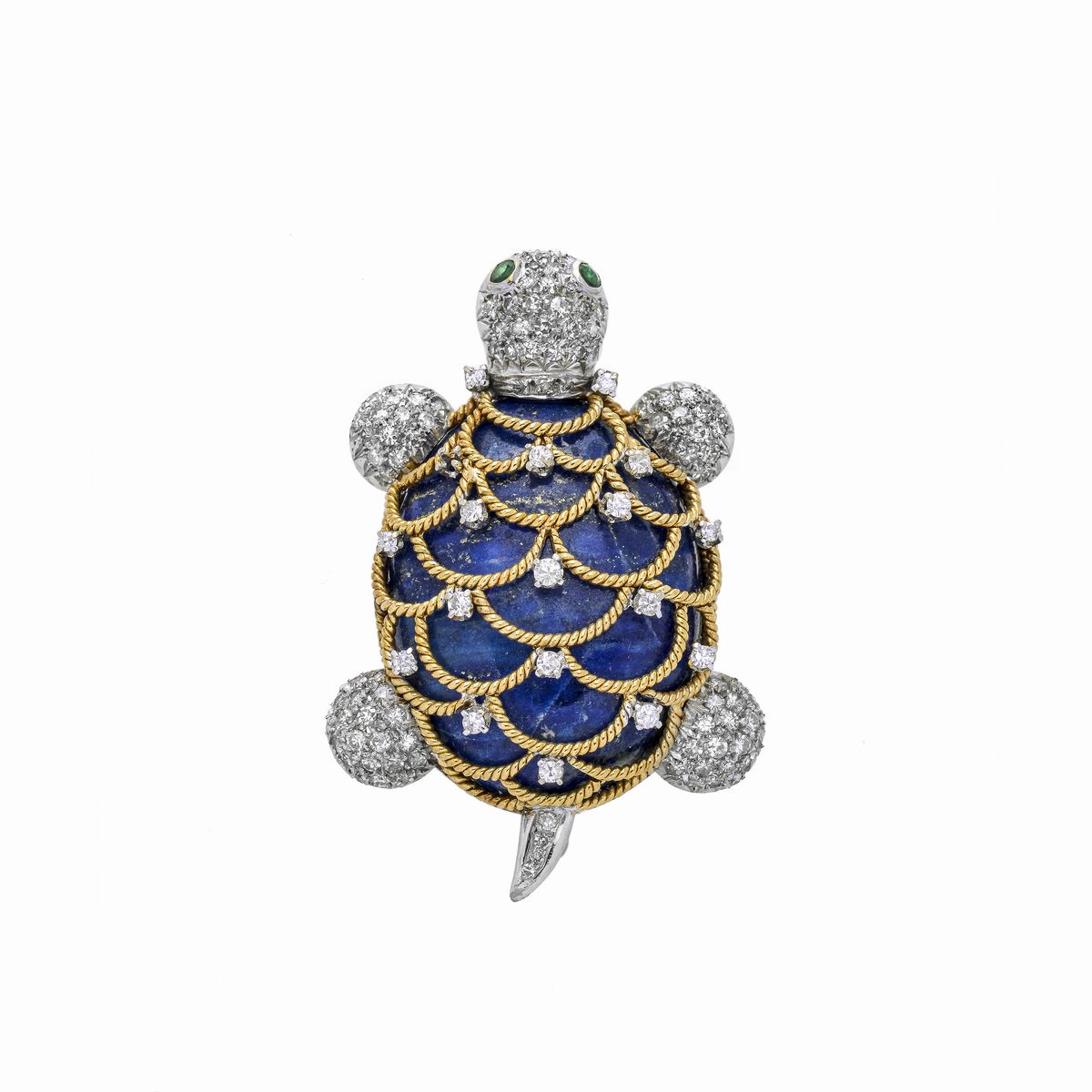 Spilla tartaruga in oro giallo, oro bianco, lapislazzulo, diamanti e smeraldi