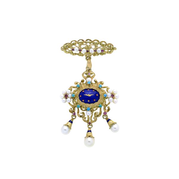 Spilla pendente in oro giallo, smalto blu, turchese, perle e rubini