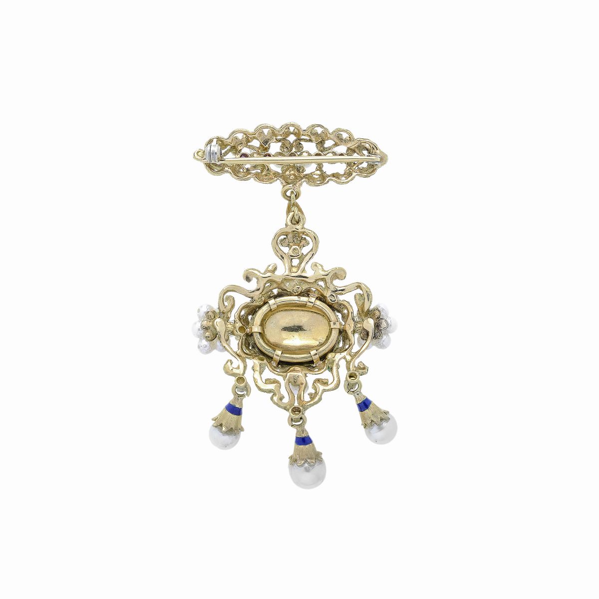 Spilla pendente in oro giallo, smalto blu, turchese, perle e rubini