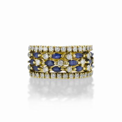 Anello a Fascia in Oro Giallo, Diamanti e Zaffiri
