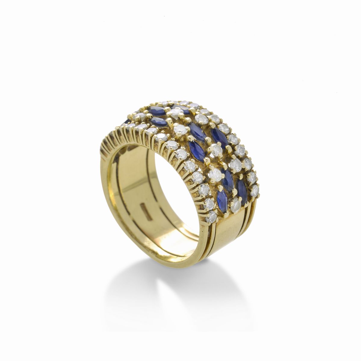Anello a Fascia in Oro Giallo, Diamanti e Zaffiri
