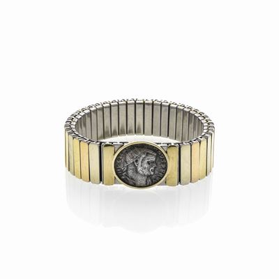Bracciale Semirigido in Acciaio, Oro Giallo, Oro Rosa , Oro Bianco e Moneta Antica