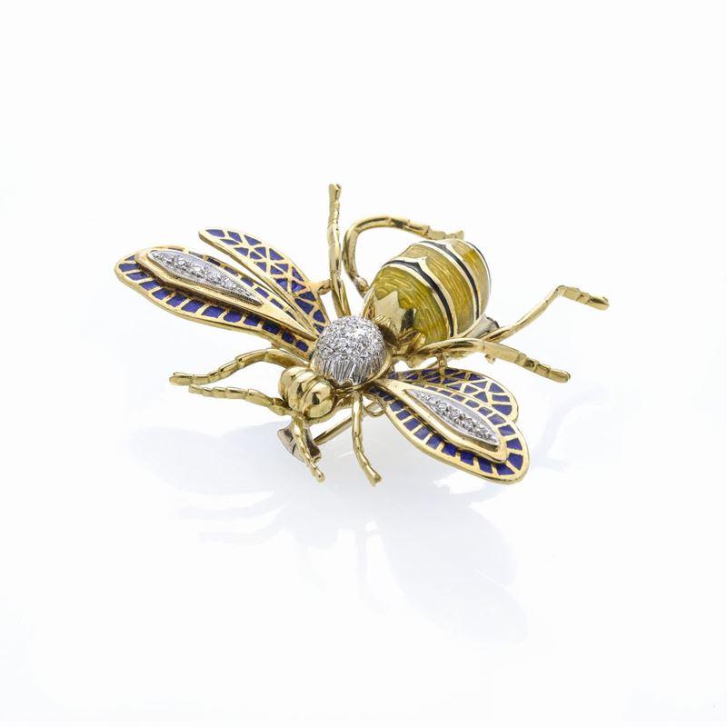 Spilla Ape in oro giallo, diamanti, smalto nero, blu e giallo