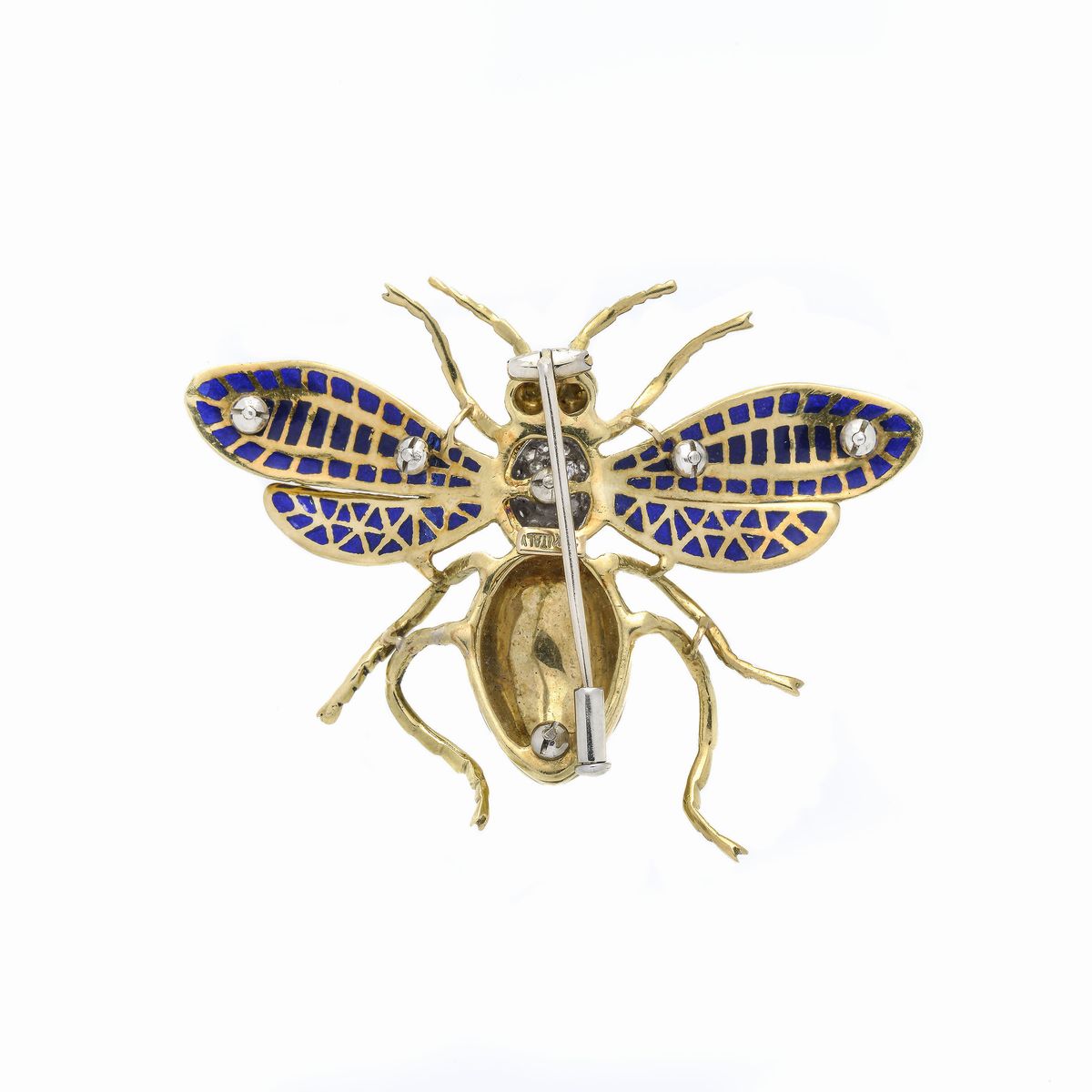 Spilla Ape in oro giallo, diamanti, smalto nero, blu e giallo