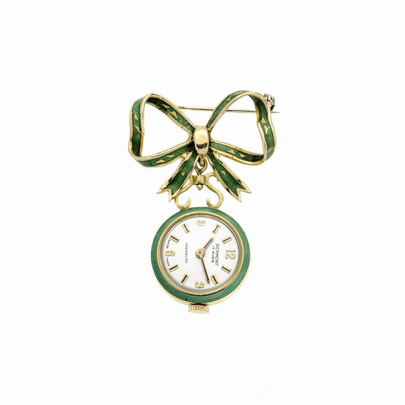 Spilla orologio in oro giallo e smalto verde