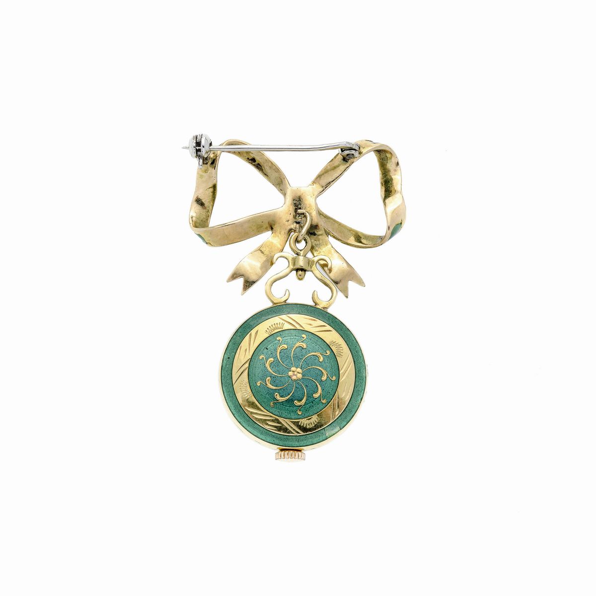 Spilla orologio in oro giallo e smalto verde