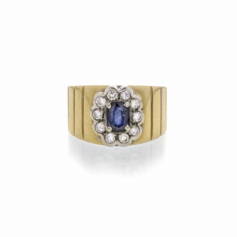 Anello a Fascia in Oro Giallo, Oro Bianco, Diamanti e Zaffiro