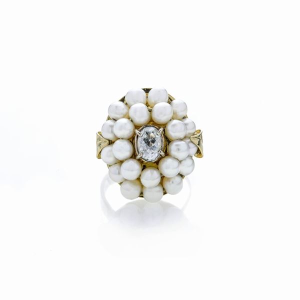 High ring in yellow gold, pearls and aquamarine