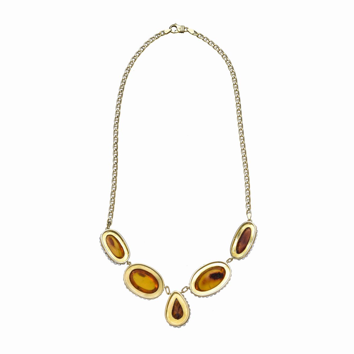 Collier in oro giallo, perle e ambra