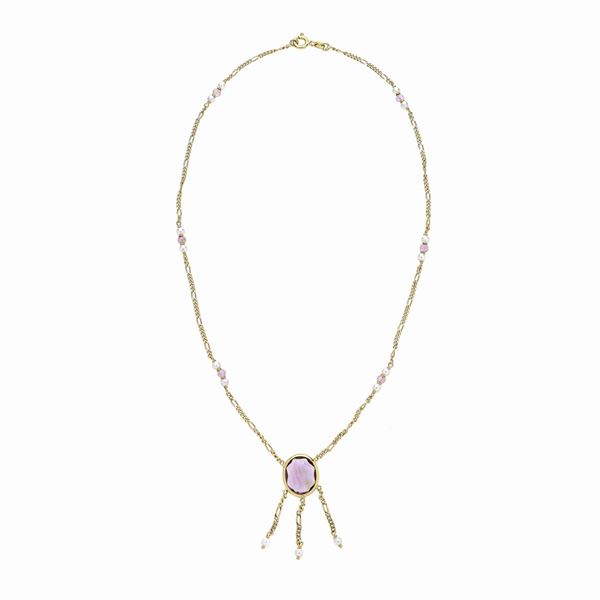 Choker in yellow gold, pearls and amethyst
