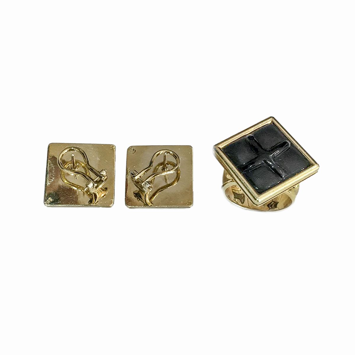 Parure con Paio di Orecchini e Anello in Oro 14kt e Pietra Nera