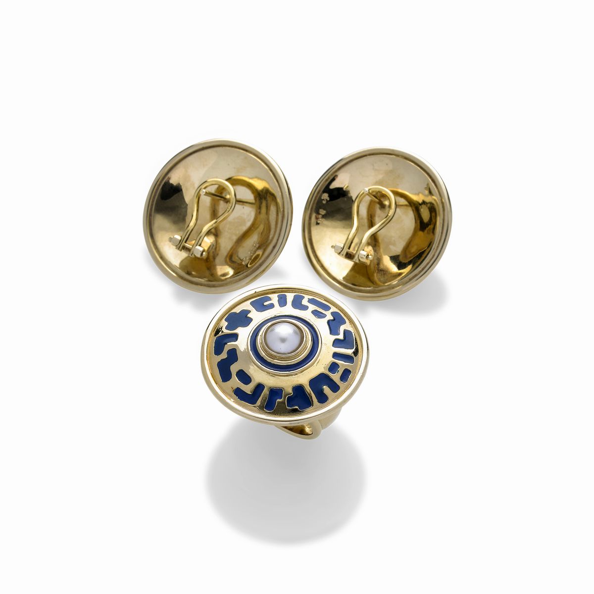 Parure con Paio di Orecchini e Anello in Oro 14kt, Perle e Smalto Blu