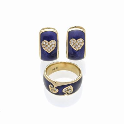 Parure con Paio di Orecchini e Anello in Oro Giallo, Smalto Blu e Diamanti