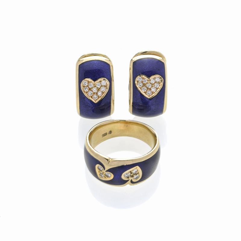 Parure con Paio di Orecchini e Anello in Oro Giallo, Smalto Blu e Diamanti