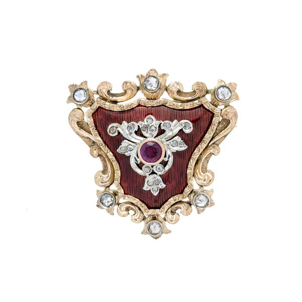 Brooch in yellow gold, red enamel, diamonds and rubies