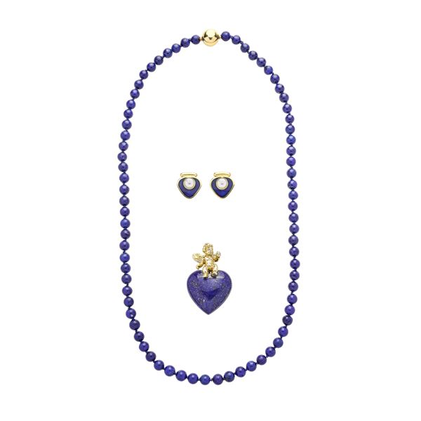 Lotto composto da pendente Cuore, collana e orecchini in oro a basso titolo, lapislazzuli e perle