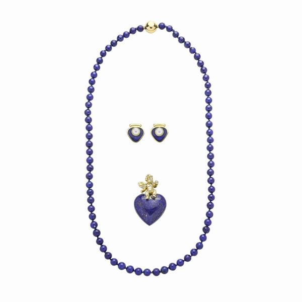 Lot consisting of Heart pendant, necklace and earrings in low title gold, lapis lazuli and pearl  (Nineties)  - Auction Antique, Modern and Design Jewelery Auction - Jewels from an Emilian Collection (lots 49-72) - Curio - Casa d'aste in Firenze