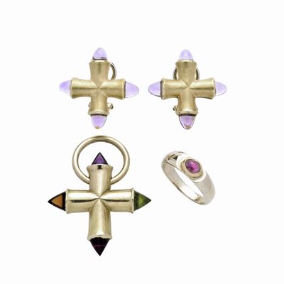 Parure Composta da Paio di Orecchini, Pendente e Anello in Oro Giallo, Oro 14kt e Quarzi Colorat