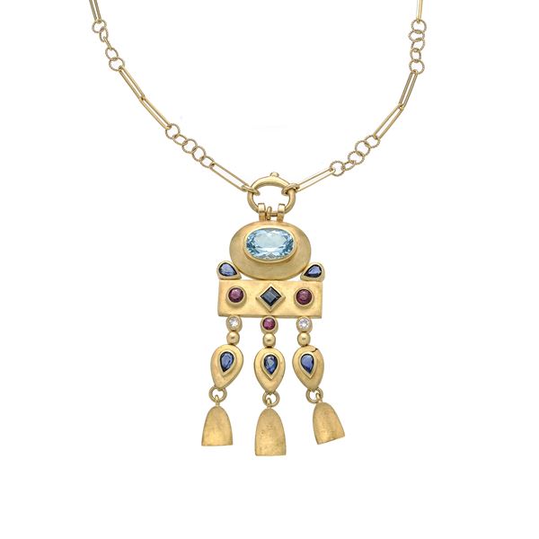 Chain with pendant in yellow gold, diamonds, sapphires, rubies and blue topaz